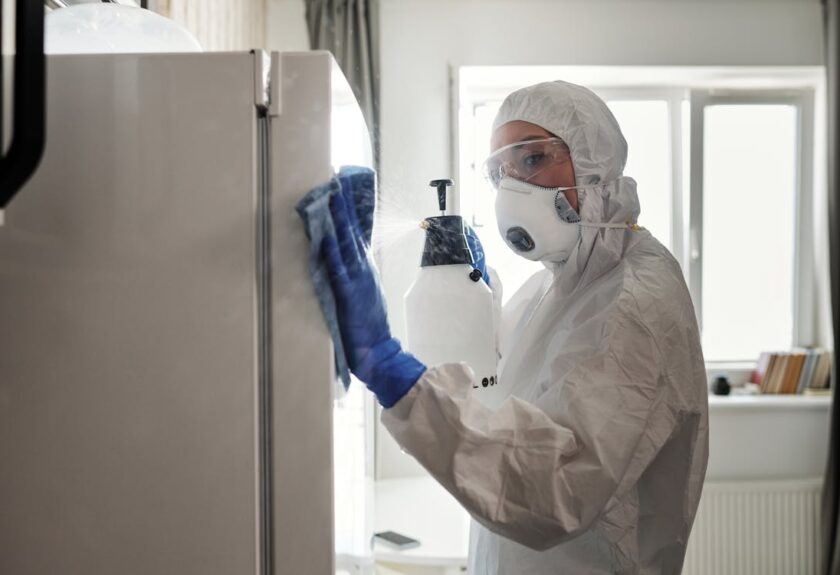 Free A Woman in White Coveralls Cleaning a Refrigerator Stock Photo
