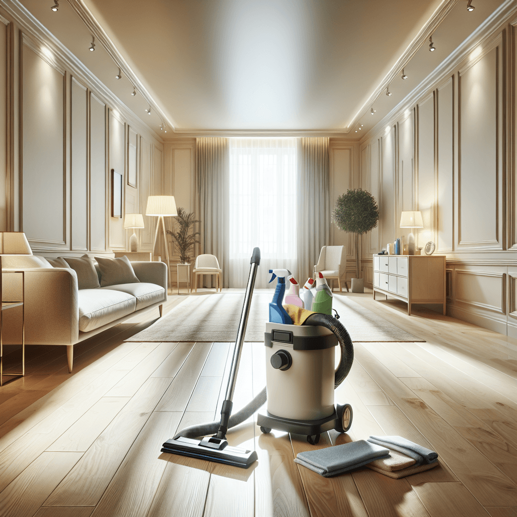 An empty, clean room with a vacuum and cleaning supplies.