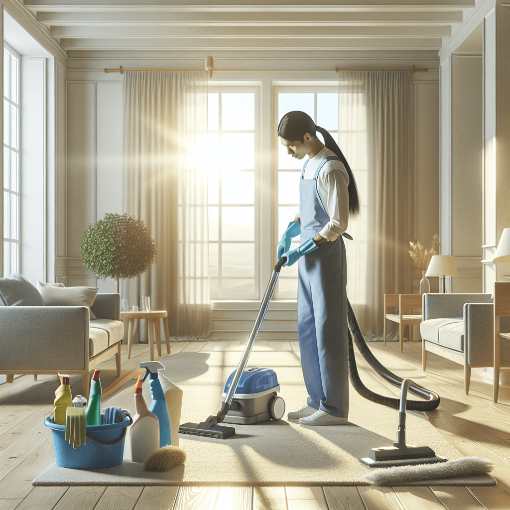 A scene of a professional cleaner vacuuming a bright living room during move out cleaning.