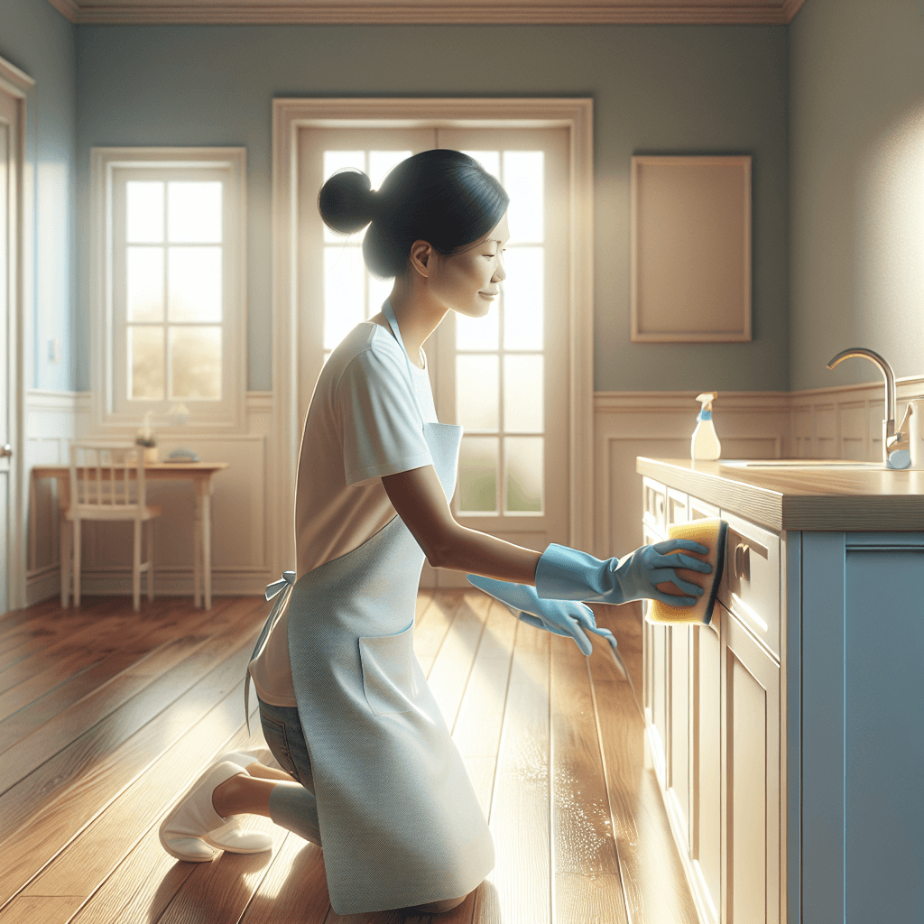 A woman cleaning a kitchen during a move-out cleaning.