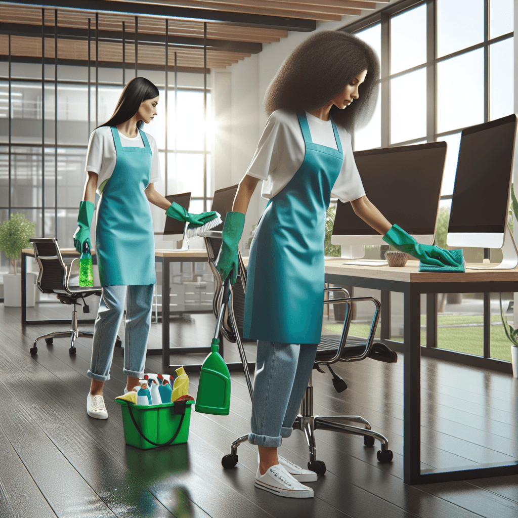 Two women cleaners in a modern office space using eco-friendly cleaning products.