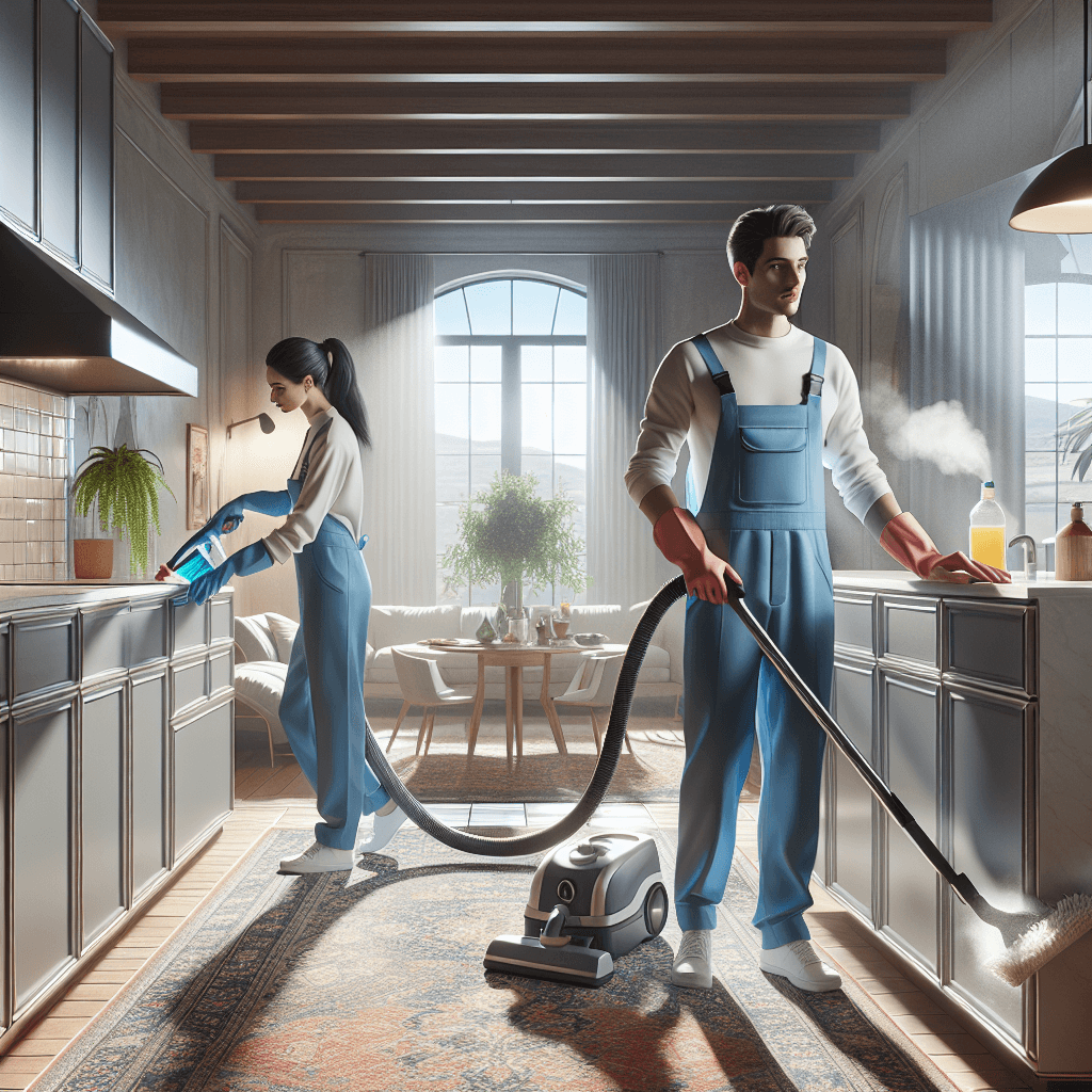 Two cleaning professionals working in a bright modern home.