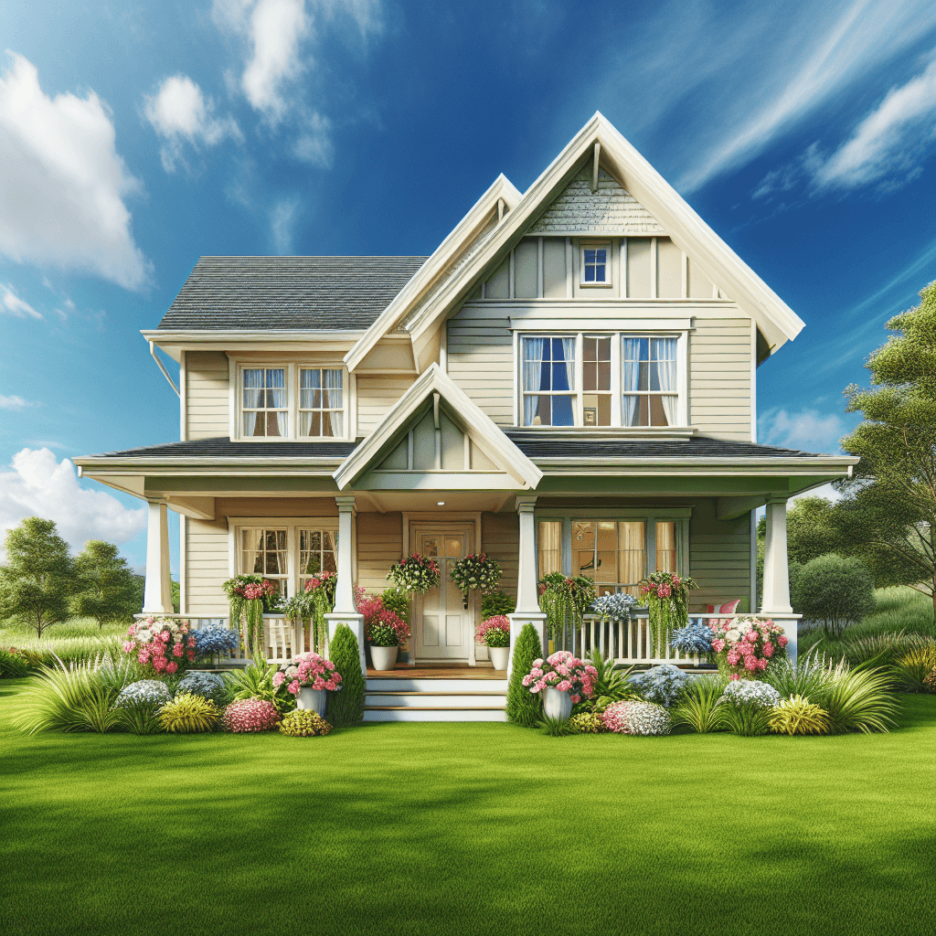 A realistic suburban home exterior with a landscaped lawn.