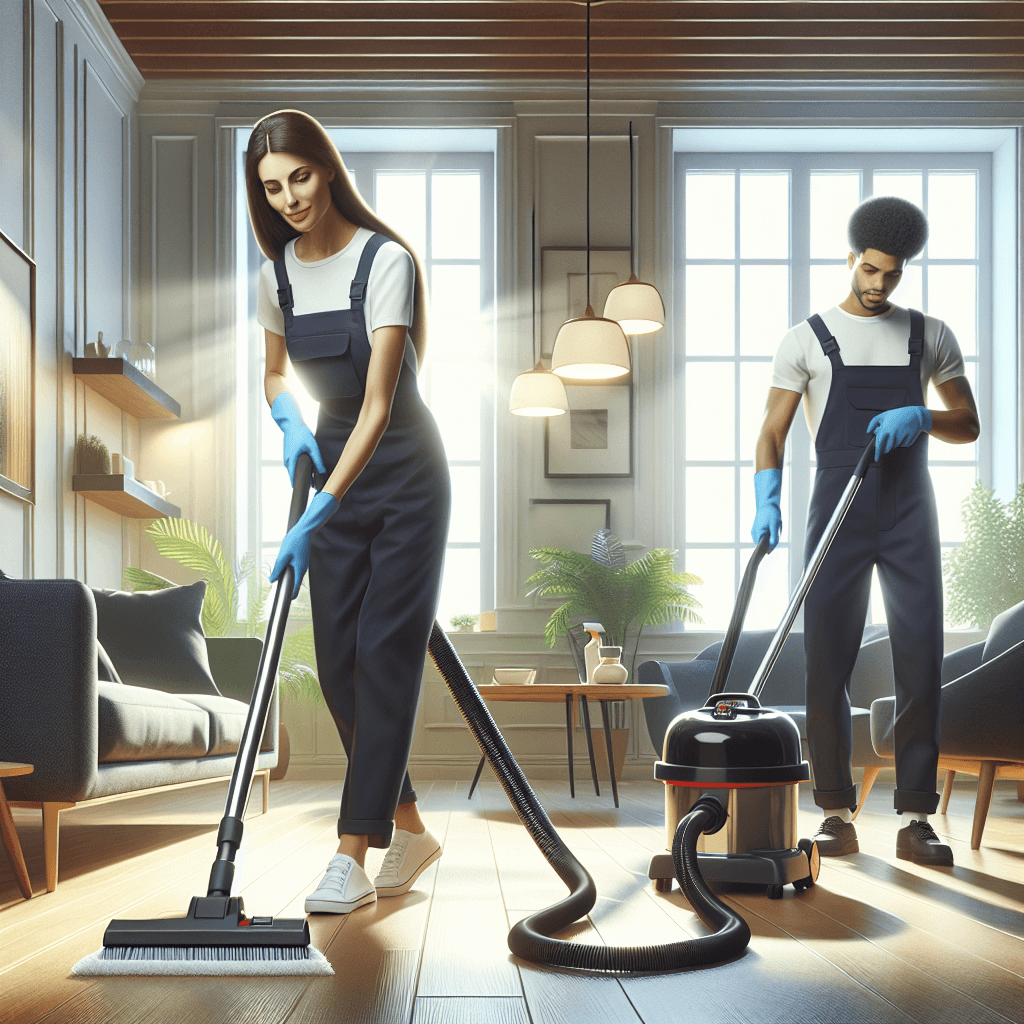Professional cleaners transforming a bright living room.
