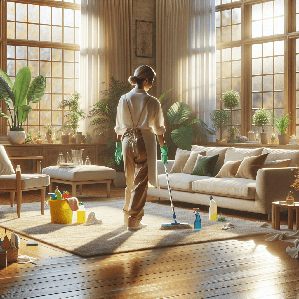 A cozy, sunlit living room being cleaned by a professional cleaner.