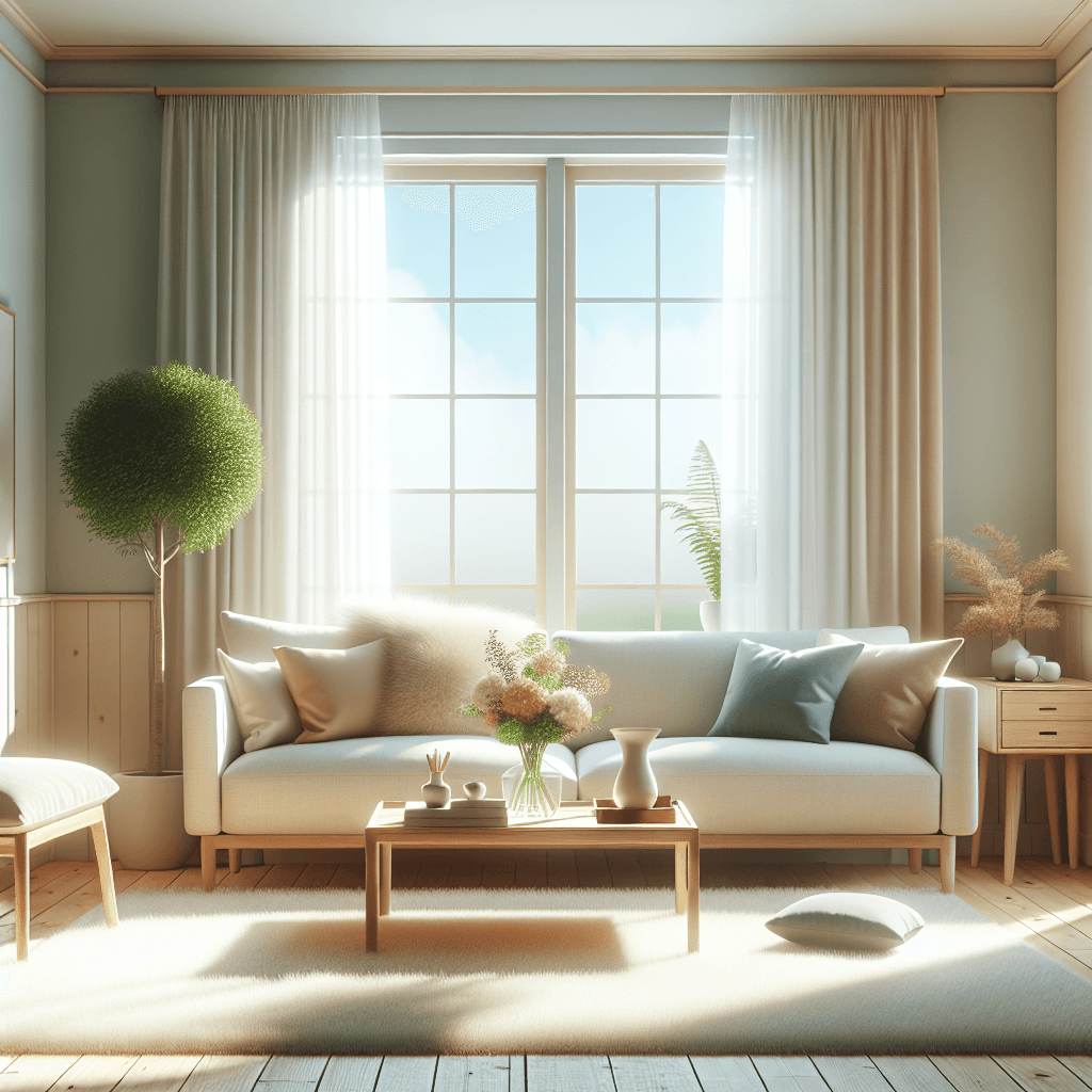 A clean and inviting living space with a bright room, comfortable couch, and fresh flowers.