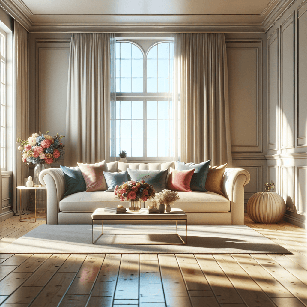 A sparkling clean living room with a plush sofa, colorful cushions, and sunlight streaming through windows.