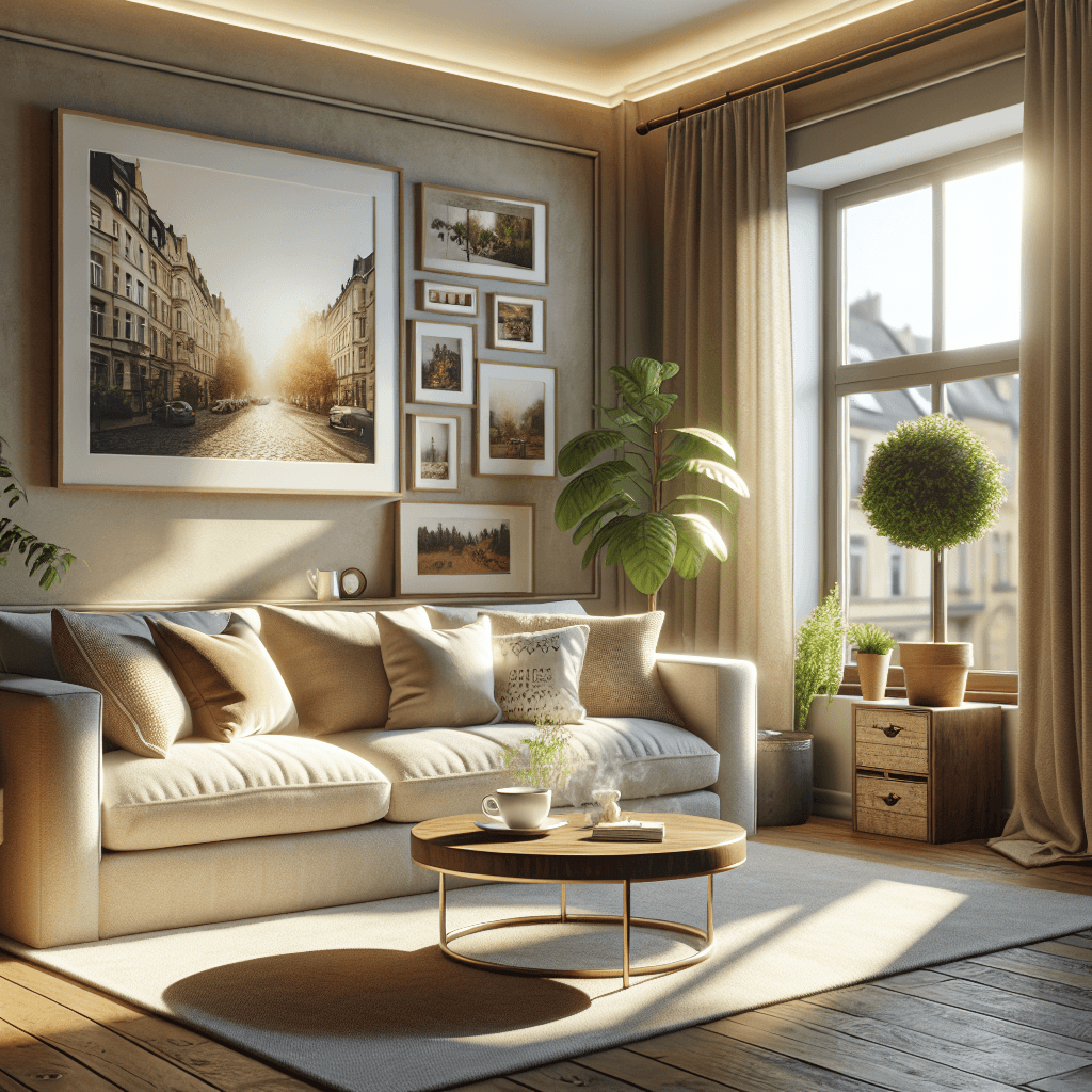 A cozy living room with a view of a vibrant neighborhood in morning light.
