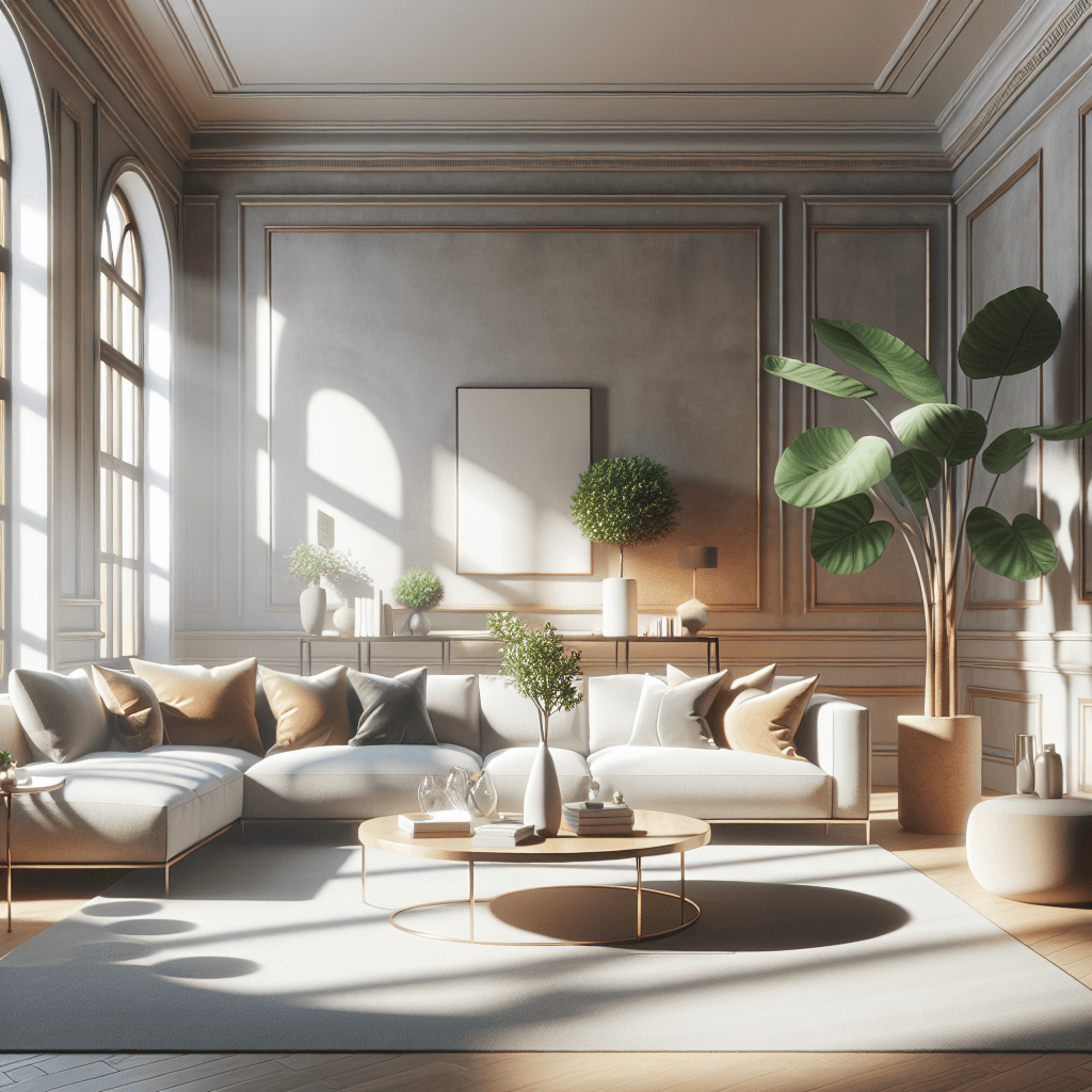 A clean and inviting living room with natural light, featuring a sofa, coffee table, and houseplant.