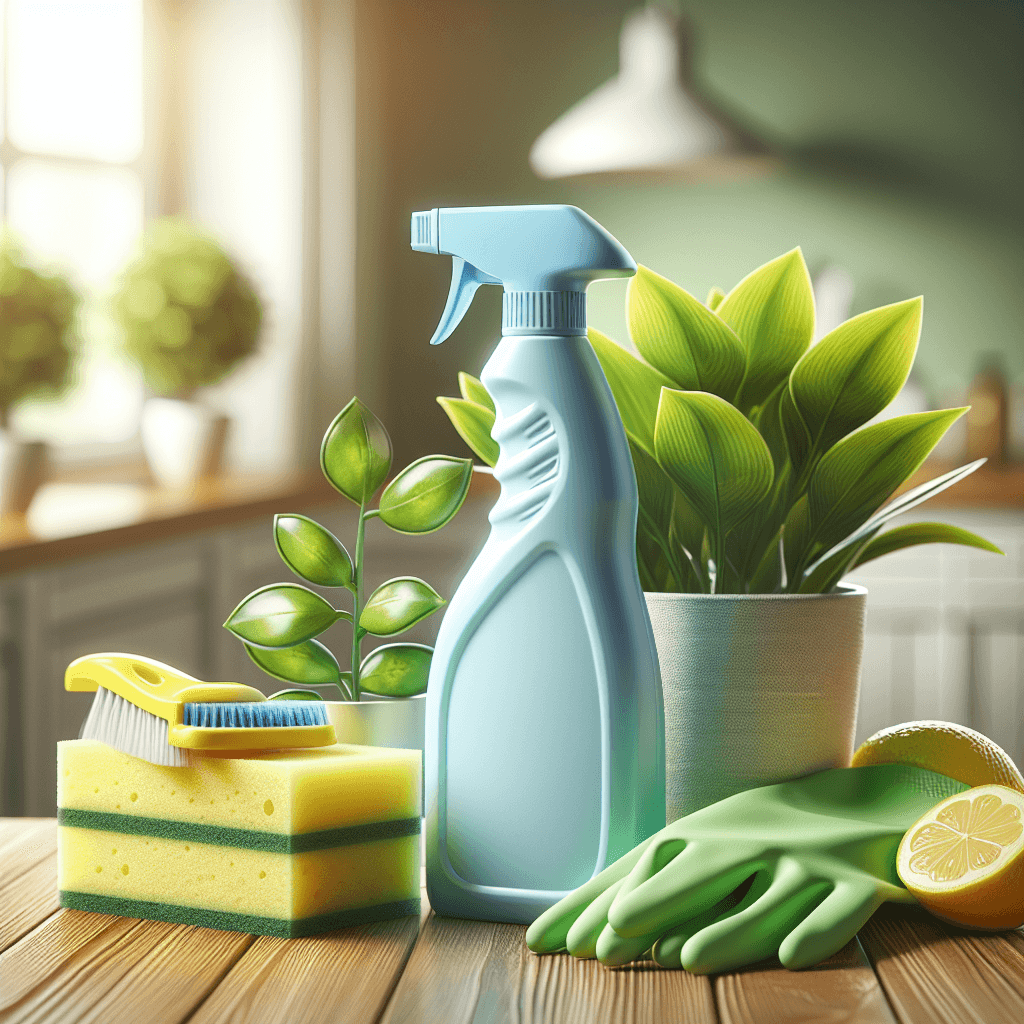 Basic cleaning supplies including an all-purpose cleaner, a sponge, and rubber gloves on a kitchen table.