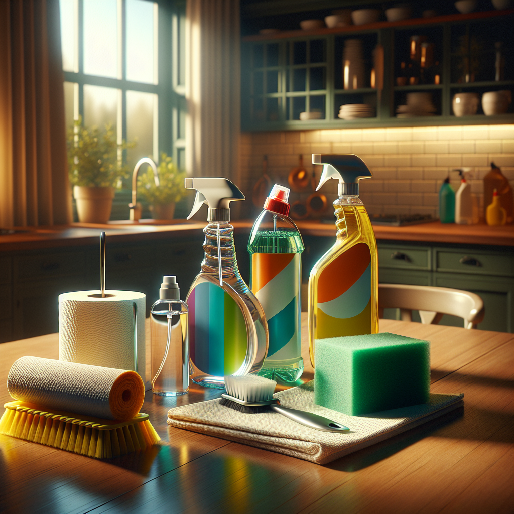 A variety of essential cleaning supplies arranged on a wooden table.