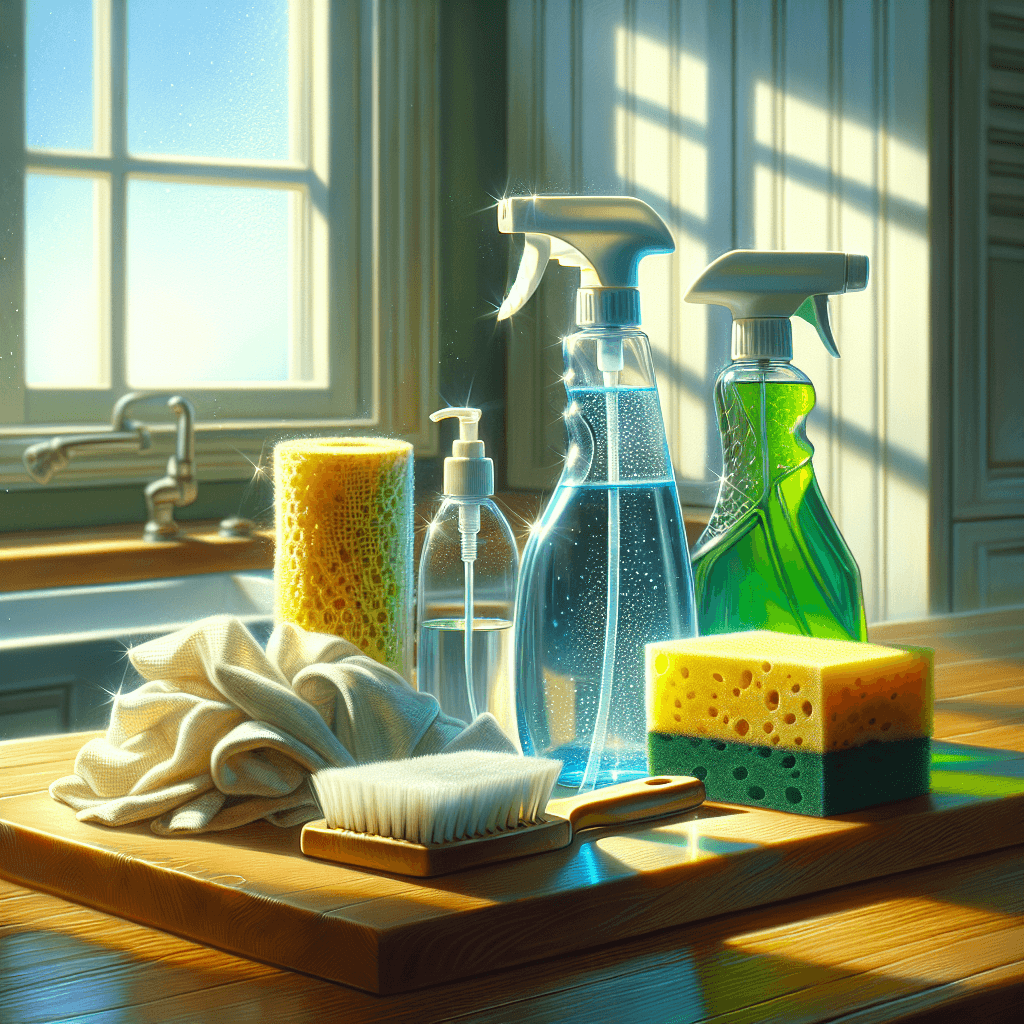 Essential cleaning supplies arranged on a kitchen counter including a spray bottle, cloth, sponge, and all-purpose cleaner.